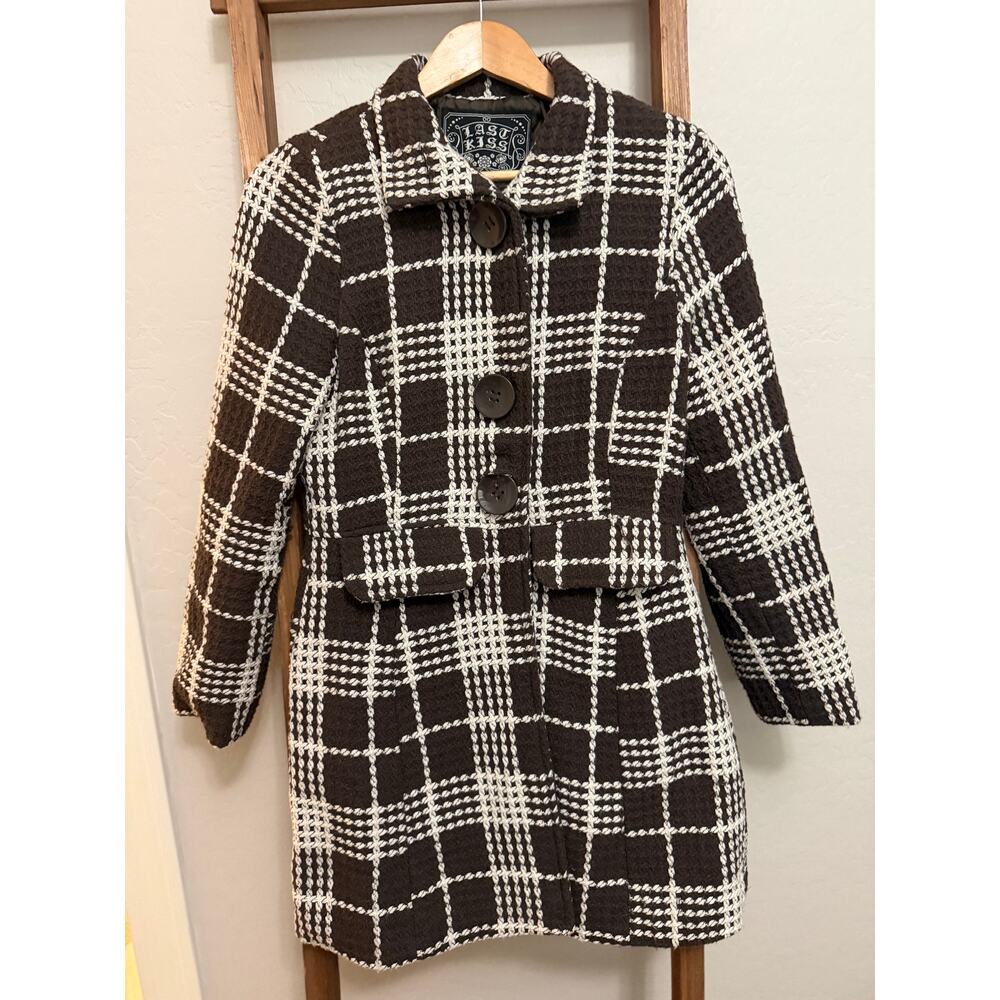 Last Kiss- Brown and Cream Plaid Coat- Medium
